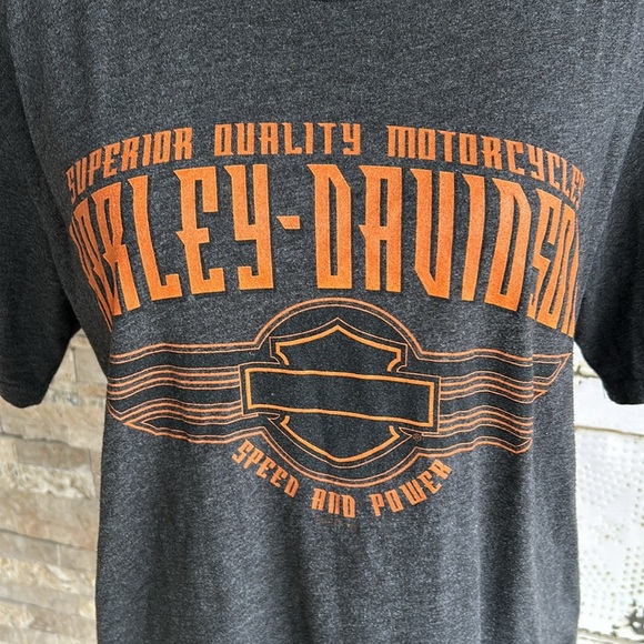 Harley Davidson Chippewa Falls WI gray and orange crew neck t-shirt - Picture 3 of 15